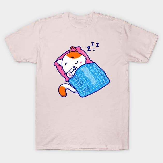 Cute Cat Sleeping With Pillow And Blanket Cartoon T-Shirt by Catalyst Labs